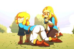 Rule 34 | 1boy, 1girl, all fours, animated, animated gif, ass, ass shake, bad id, bad tumblr id, blonde hair, blush, diives, embarrassed, grass, kneeling, link, looking at viewer, nintendo, pointy ears, princess zelda, role reversal, smile, spanking, the legend of zelda, the legend of zelda: breath of the wild, thumbs up, tree
