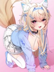 Rule 34 | 1girl, all fours, alternate costume, animal ear fluff, animal ears, blonde hair, blue hair, blue hairband, blue jacket, blue nails, breasts, cleavage, criss-cross halter, dog ears, dog girl, dog tail, dress, fang, fuwawa abyssgard, hairband, halterneck, highres, hololive, hololive english, jacket, kneeling, large breasts, long hair, looking at viewer, multicolored hair, open mouth, pink eyes, sachichuu, skin fang, smile, solo, streaked hair, tail, thighhighs, two-tone hair, two side up, virtual youtuber, white dress, white thighhighs