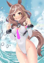 Rule 34 | 1girl, animal ears, blush, breasts, brown eyes, brown hair, clenched hands, closed mouth, cloud, cosplay, ei ei mun!, ganimede, gluteal fold, groin, horse ears, horse girl, horse tail, looking at viewer, matikane tannhauser (umamusume), medium breasts, medium hair, mihono bourbon (umamusume), mihono bourbon (umamusume) (cosplay), ocean, simple background, sky, smile, solo, tail, umamusume