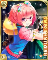 Rule 34 | 1girl, belt, bow, character name, closed mouth, collar, girlfriend (kari), glasses, gloves, hard hat, helmet, indoors, japanese text, jumpsuit, looking at viewer, nejikawa raimu, official art, pink belt, pink bow, pink hair, pockets, purple eyes, qp:flapper, short hair, smile, swiss army knife, tagme, teeth, tool belt, tools, twintails