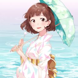 Rule 34 | 1girl, absurdres, blush, brown eyes, brown hair, day, fly 333, green umbrella, grin, happy, highres, holding, holding umbrella, japanese clothes, kimono, long sleeves, looking to the side, misato (seseragi shoujo), mole, mole under eye, parasol, ripples, sash, seseragi shoujo, smile, solo, umbrella, water, white kimono, wide sleeves