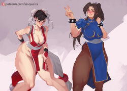 Rule 34 | 2girls, bracelet, breasts, brown hair, capcom, chinese clothes, chun-li, cleavage, cosplay, earrings, japanese clothes, jewelry, large breasts, multiple girls, pantyhose, sisqueira, snk, spiked bracelet, spikes, street fighter, thick thighs, thighs