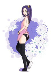 Rule 34 | 10s, 1girl, apron, ass, backless outfit, bakusai, black panties, breasts, flower, kurokawa eren, nearly naked apron, panties, ponytail, precure, purple hair, seiren (suite precure), side ponytail, sideboob, slippers, small breasts, solo, suite precure, thighhighs, underwear, wristband, yellow eyes