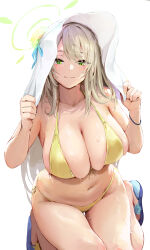 Rule 34 | 1girl, absurdres, bare arms, bare shoulders, bikini, blue archive, blue footwear, blush, breasts, chela77, cleavage, closed mouth, collarbone, commentary, curvy, green eyes, halo, hat, highres, large breasts, long hair, looking at viewer, navel, nonomi (blue archive), nonomi (swimsuit) (blue archive), sandals, simple background, skindentation, smile, solo, stomach, string bikini, swimsuit, symbol-only commentary, thighs, white background, white hat, yellow bikini