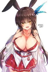 Rule 34 | 1girl, :d, animal ears, artist name, bad id, bad pixiv id, blush, bow, breasts, brown hair, cleavage, collarbone, commentary request, commission, covered erect nipples, cowboy shot, fangs, hair ornament, head tilt, highres, japanese clothes, kimono, korean commentary, large breasts, long hair, long sleeves, looking at viewer, maett, miniskirt, obi, off shoulder, open clothes, open kimono, open mouth, pleated skirt, rabbit ears, rabbit girl, red skirt, ribbon-trimmed sleeves, ribbon trim, sash, simple background, skirt, smile, solo, very long hair, water, white background, white bow, white kimono, wide sleeves, yellow eyes