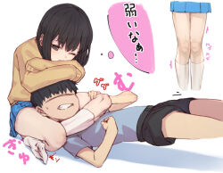 Rule 34 | 1boy, 1girl, age difference, bare legs, black shorts, blue shirt, blue skirt, brown eyes, brown hair, calf socks, choke hold, closed mouth, clothes lift, dot nose, faceless, faceless male, furrowed brow, japanese text, leg lock, legs, legs together, lying, multiple views, on back, one eye closed, onee-shota, original, parted lips, shadow, shirt, short hair, short sleeves, shorts, shorts lift, skirt, skirt lift, sleeves past wrists, socks, sound effects, strangling, struggling, tareme, teenage girl and younger boy, thought bubble, top-down bottom-up, translated, usule, very short hair, white socks, wrestling