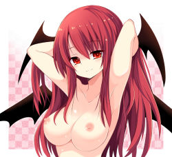 Rule 34 | 1girl, armpits, arms up, blush, breasts, head wings, koakuma, large breasts, long hair, looking at viewer, maturiuta sorato, multiple wings, nipples, nude, red eyes, red hair, smile, solo, touhou, upper body, wings