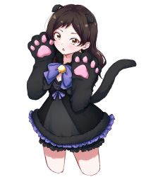 Rule 34 | 1girl, :o, animal ears, animal hands, bell, black dress, blush, bow, bowtie, brown hair, cat ears, cat paws, cat tail, cleavage cutout, clothing cutout, cropped legs, dress, fake animal ears, frilled dress, frills, gloves, hands up, highres, idolmaster, idolmaster million live!, idolmaster million live! theater days, kitazawa shiho, kokeshi (kokeshi fog), looking at viewer, neck bell, nyan, paw gloves, simple background, sketch, solo, tail, white background