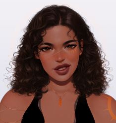 Rule 34 | 1girl, brown eyes, commentary, commission, curly hair, dark-skinned female, dark skin, earrings, english commentary, eyeliner, facial tattoo, forehead, freckles, jewelry, lips, looking at viewer, makeup, medium hair, necklace, neozumi, nose, nose piercing, nose ring, original, pendant, piercing, portrait, realistic, scar, scar on face, scar on nose, sneer, solo, tattoo, thick eyebrows, very dark skin