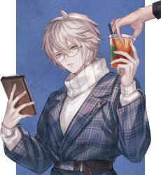 Rule 34 | 1boy, arm up, belial (granblue fantasy), belt, bishounen, blue background, blue eyes, book, cup, drinking straw, expressionless, glasses, granblue fantasy, hair between eyes, holding, holding book, holding cup, ice, ice cube, jacket, long sleeves, lucilius (granblue fantasy), messy hair, minaba hideo, official art, pale skin, parted lips, plaid, plaid jacket, promotional art, round eyewear, short hair, sweater, tea, transparent background, turtleneck, turtleneck sweater