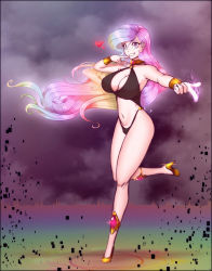 Rule 34 | 1girl, absurdres, bracelet, breasts, celestia (my little pony), cleavage, cloud, earrings, full body, grin, heart, high heels, highres, jewelry, large breasts, long hair, looking at viewer, my little pony, my little pony: friendship is magic, navel, necklace, purple eyes, scorpdk, shoes, smile, solo, swimsuit, teeth, watermark