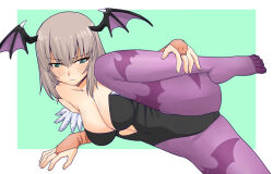 Rule 34 | 1girl, animal ears, black leotard, blue eyes, blush, border, breasts, cleavage, closed mouth, cosplay, covered navel, fake animal ears, girls und panzer, green background, head wings, itsumi erika, large breasts, leotard, long hair, morrigan aensland, morrigan aensland (cosplay), pantyhose, purple pantyhose, simple background, solo, uona telepin, white border, white hair, wing ears, wings