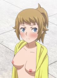 Rule 34 | 10s, 1girl, blonde hair, blush, breasts, gundam, gundam build fighters, gundam build fighters try, hoshino fumina, jacket, nipples, nude filter, open clothes, open jacket, ponytail, third-party edit