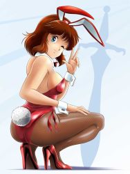 Rule 34 | 1girl, animal ears, ass, banned artist, blue eyes, bow, bowtie, brown hair, brown pantyhose, commentary request, daicon, daicon bunny girl, daicon iv, detached collar, fake animal ears, full body, high heels, leotard, looking at viewer, medium hair, one eye closed, pantyhose, playboy bunny, rabbit ears, rabbit tail, red bow, red bowtie, red footwear, red leotard, short hair, solo, squatting, strapless, strapless leotard, sword, tail, tamanegiinyo, v, weapon, wrist cuffs