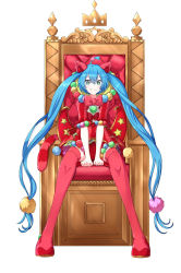 Rule 34 | 1girl, absurdres, ahoge, animal ears, aqua eyes, blue hair, bow, bowtie, cat ears, cat tail, clenched hands, closed mouth, commentary, dress, fang, full body, hatsune miku, heart, heart ahoge, highres, itogari, light smile, long hair, looking at viewer, official alternate costume, pom pom (clothes), project sekai, red bow, red dress, red footwear, red thighhighs, short dress, simple background, sitting, solo, star-shaped pupils, star (symbol), straight-on, striped tail, symbol-shaped pupils, tail, thighhighs, throne, twintails, v arms, very long hair, vocaloid, white background, wonderlands x showtime miku