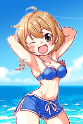 Rule 34 | 1girl, ahoge, arms behind head, artist logo, bandaid, bandaid on face, bikini, blue bikini, blue shorts, blue sky, breasts, brown eyes, cloud, cowboy shot, crab, dated, day, fang, female focus, highres, horizon, kantai collection, kutone shirika, light brown hair, medium breasts, oboro (kancolle), official alternate costume, open mouth, outdoors, shorts, sky, smile, swimsuit, water, white background