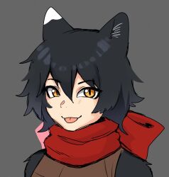 Rule 34 | 1girl, animal ears, black hair, cat ears, cat girl, commentary, dungeon meshi, grey background, highres, izutsumi, long hair, looking at viewer, mismatched animal ear colors, nyaivie, orange eyes, red scarf, scarf, simple background, slit pupils, solo, tongue, tongue out, upper body