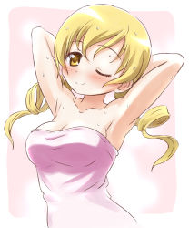 Rule 34 | 1girl, ;), armpits, arms behind head, blonde hair, blush, breasts, closed mouth, commentary request, drill hair, highres, inoue kouji, looking at viewer, mahou shoujo madoka magica, mahou shoujo madoka magica (anime), medium breasts, naked towel, one eye closed, partial commentary, pink towel, smile, solo, standing, tomoe mami, towel, twin drills, upper body, wet, wet hair, yellow eyes
