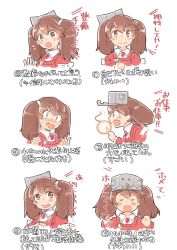Rule 34 | 1girl, absurdres, brown eyes, brown hair, commentary request, enjaku izuku, closed eyes, fang, highres, japanese clothes, kantai collection, kariginu, magatama, onmyouji, open mouth, ryuujou (kancolle), skin fang, smile, solo, sweat, translation request, twintails, visor cap