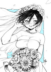Rule 34 | 1girl, absurdres, bare shoulders, blue background, blush, border, bouquet, breasts, bridal veil, cleavage, collarbone, do chokkyuu kareshi x kanojo, dress, earrings, elbow gloves, floating hair, flower, fujita (umeeda fuji), gloves, head wreath, highres, holding, holding bouquet, jewelry, looking at viewer, medium breasts, necklace, outside border, pearl necklace, smile, strapless, strapless dress, veil, wakamiya mako, wedding dress, white border