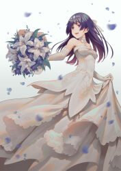 Rule 34 | 1girl, :d, alice gear aegis, bare shoulders, bouquet, bow, breasts, choker, commentary request, dress, elbow gloves, flower, gloves, hair bow, highres, holding, holding bouquet, layered dress, long dress, long hair, medium breasts, nikotama mai, open mouth, petals, pinakes, purple eyes, purple flower, purple hair, skirt hold, sleeveless, sleeveless dress, smile, solo, strapless, strapless dress, teeth, upper teeth only, wedding dress, white background, white bow, white choker, white dress, white flower, white gloves