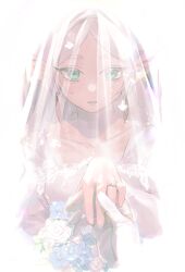 Rule 34 | 1girl, 1other, bouquet, bridal veil, collarbone, commentary request, dangle earrings, dress, earrings, elf, flower, frieren, gloves, green eyes, grey hair, highres, holding, holding bouquet, holding hands, jewelry, looking at viewer, lower teeth only, novasorcerer, open mouth, parted bangs, pointy ears, ring, simple background, sousou no frieren, teeth, veil, wedding dress, wedding ring, white background, white gloves