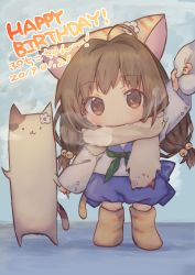 Rule 34 | 1girl, animal ears, bell, breath, brown eyes, brown hair, cat, cat ears, cat tail, child, di gi charat, hair bell, hair ornament, happy birthday, highres, hokke mirin, holding hands, jingle bell, looking at viewer, puchiko, sailor collar, tail, twintails, wadante