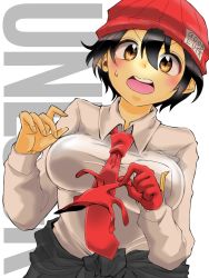 Rule 34 | 1girl, :o, black hair, blush, breasts, copyright name, gloves, hair between eyes, hat, izumo fuuko, large breasts, long sleeves, necktie, red gloves, red hat, red necktie, sakakiryou, shirt, short hair, solo, standing, sweatdrop, undead unluck, white shirt
