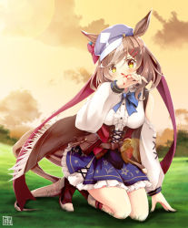 Rule 34 | 1girl, amane sou, animal ears, beret, blood, blush, breasts, brown hair, commentary request, covering own mouth, ears through headwear, grass, hat, highres, horse ears, horse girl, horse tail, kneeling, looking at viewer, matikane tannhauser (umamusume), medium breasts, nosebleed, sky, solo, tail, umamusume, yellow eyes