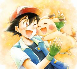 Rule 34 | 1boy, :d, ;d, ash ketchum, baseball cap, black hair, blush, brown eyes, creatures (company), closed eyes, fingerless gloves, game freak, gen 1 pokemon, gloves, green gloves, hat, highres, kazayama hien, male focus, nintendo, one eye closed, open mouth, pikachu, pokemon, pokemon (anime), pokemon (creature), pokemon the movie: i choose you!, simple background, smile, spiked hair, upper body, yellow background
