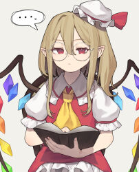 Rule 34 | ..., 1girl, ascot, blonde hair, book, chair, closed mouth, crystal, flandre scarlet, frilled skirt, frills, garasuno, glasses, hair between eyes, hat, highres, holding, holding book, long hair, looking at viewer, mob cap, open book, pointy ears, red eyes, red skirt, red vest, shirt, short sleeves, sitting, skirt, solo, spoken ellipsis, touhou, vest, white hat, white shirt, wings, yellow ascot