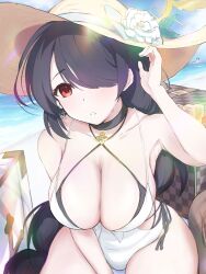 Rule 34 | absurdres, beach, black hair, blue archive, blush, breasts, clenched teeth, earrings, flower, hair over one eye, halo, hat, highres, hinata (blue archive), hinata (swimsuit) (blue archive), jewelry, large breasts, long hair, one-piece swimsuit, open mouth, red eyes, shuubetsukouta, solo, sun hat, swimsuit, teeth, water, white one-piece swimsuit, yellow halo
