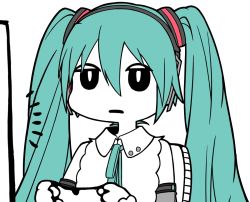 Rule 34 | 1girl, akari ga yatte kitazo (vocaloid), aqua hair, aqua necktie, bare shoulders, chair, colored skin, commentary, controller, derivative work, detached sleeves, expressionless, game controller, gyari (imagesdawn) (style), hair ornament, hatsune miku, hatsune miku (nt), headphones, holding, holding controller, holding game controller, limited palette, long hair, monitor, necktie, parody, piapro, playing games, rennkurusu, shirt, sitting, sleeveless, sleeveless shirt, solo, twintails, upper body, very long hair, vocaloid, white shirt, white skin