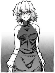 Rule 34 | 1girl, arm warmers, bare shoulders, breasts, covered eyes, crying, dress, greyscale, hair over eyes, halterneck, md5 mismatch, medium breasts, mizuhashi parsee, monochrome, ootsuki wataru, pointy ears, shaded face, short hair, sleeveless, sleeveless turtleneck, solo, tears, touhou, turtleneck
