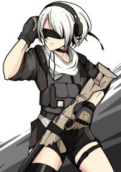 Rule 34 | 1girl, absurdres, ammunition pouch, blindfold, bob cut, bulletproof vest, choker, ear protection, frown, gloves, gun, highres, keffiyeh, looking to the side, mark gavatino, nier (series), nier:automata, pouch, rifle, ruger 10/22, shorts, solo, thighhighs, weapon, white hair, 2b (nier:automata)
