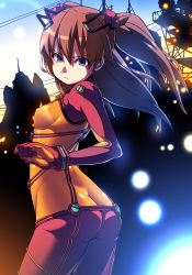 Rule 34 | 00s, 1girl, :&lt;, ass, blue eyes, bodysuit, brown hair, butt crack, evangelion: 2.0 you can (not) advance, long hair, looking back, multicolored clothes, neon genesis evangelion, plugsuit, pout, rebuild of evangelion, solo, souryuu asuka langley, tasaka shinnosuke, test plugsuit