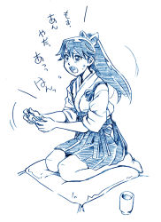 Rule 34 | 10s, 1girl, bbb (friskuser), blue theme, blush, controller, cup, game controller, hakama, hakama short skirt, hakama skirt, houshou (kancolle), japanese clothes, kantai collection, kimono, long hair, md5 mismatch, monochrome, motion lines, open mouth, pillow, playing games, ponytail, simple background, sitting, skirt, solo, sweatdrop, tasuki, teacup, text focus, translation request, white background, yunomi