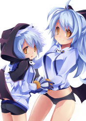 Rule 34 | 2girls, bat wings, bike shorts, blue hair, bow, fang, gloves, hair bow, highres, hood, kaka cheung, multiple girls, open mouth, original, simple background, skull, smile, white background, wings, yellow eyes
