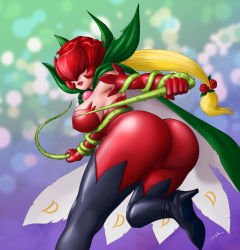 Rule 34 | 1girl, ass, blonde hair, bodysuit, boots, breasts, cape, covered erect nipples, curvy, digimon, flower, gradient background, high heel boots, high heels, huge ass, large breasts, leg up, lips, mask, multicolored background, red bodysuit, rose, rosemon, sideboob, solo, thorns, two-tone cape, wide hips
