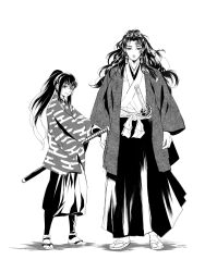 Rule 34 | 2boys, aged up, alternate universe, arms at sides, crossed arms, demon slayer uniform, earrings, egasumi, expressionless, facial mark, floating hair, full body, greyscale, hakama, hanafuda earrings, hands in opposite sleeves, haori, height difference, high ponytail, highres, japanese clothes, jewelry, katana, kimetsu no yaiba, kimono, long hair, long sleeves, looking at viewer, looking to the side, male focus, monochrome, multicolored hair, multiple boys, pants, pants tucked in, ponytail, sandals, shin guards, sidelocks, simple background, smile, standing, streaked hair, sword, tabi, tagimane01, tokitou yuichirou, very long hair, weapon, wide sleeves, zouri