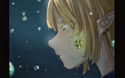 Rule 34 | 1girl, blonde hair, bubble, colored eyelashes, commentary request, cracked skin, earrings, green eyes, heynabanana, jewelry, mizuhashi parsee, parted lips, pillarboxed, pointy ears, portrait, profile, short hair, solo, touhou