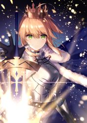 Rule 34 | 1girl, ahoge, armor, armored dress, artoria pendragon (all), artoria pendragon (fate), blonde hair, cape, closed mouth, coat, commentary request, crown, excalibur (fate/stay night), fate/stay night, fate (series), floating, floating object, fur-trimmed cape, fur trim, gauntlets, glowing, glowing sword, glowing weapon, green eyes, hair bun, light particles, looking at viewer, necomi, outstretched arm, outstretched hand, saber (fate), short hair, single hair bun, solo, sword, weapon