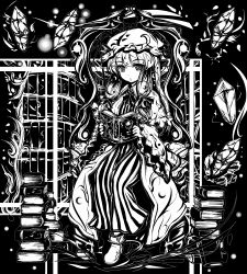 Rule 34 | 1girl, acryl, book, bow, chair, crescent, dress, female focus, gem, greyscale, hair bow, long hair, monochrome, patchouli knowledge, sitting, solo, touhou