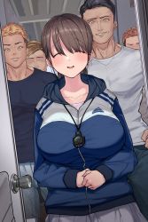 Rule 34 | 1boy, 1girl, absurdres, blush, breasts, brown hair, closed eyes, door, happy, height difference, highres, indoors, jacket, large breasts, looking at viewer, no eyes, open door, open mouth, original, ponytail, skirt, smile, standing, stopwatch, stopwatch around neck, watch, yomoda yomo