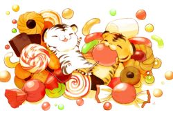Rule 34 | candy, chai (drawingchisanne), closed eyes, commentary request, cookie, eating, food, food focus, highres, holding, holding candy, holding food, jelly bean, lollipop, marshmallow, mike (drawingchisanne), no humans, original, signature, sitting on food, tama (drawingchisanne), tiger, undersized animal, white background, white tiger, wrapped candy