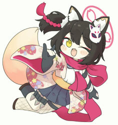 Rule 34 | 1girl, animal ears, asymmetrical legwear, black gloves, black hair, black sailor collar, black skirt, black socks, blue archive, blush, fang, fishnet thighhighs, fishnets, fox ears, fox shadow puppet, fox tail, full body, gloves, halo, izuna (blue archive), kunai, miranofuudoria, mismatched legwear, neckerchief, one eye closed, open mouth, partially fingerless gloves, pink halo, pleated skirt, red neckerchief, red scarf, sailor collar, scarf, short hair, simple background, skin fang, skirt, smile, socks, solo, tail, thighhighs, weapon, white background, yellow eyes