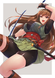 Rule 34 | 1girl, antenna hair, belt, bike shorts, black gloves, boots, breasts, brown eyes, brown footwear, brown hair, commentary request, gloves, grey background, hairband, highres, holding, holding weapon, holster, japanese clothes, knee boots, kunai, large breasts, long hair, looking at viewer, ninja, obi, open mouth, original, reverse grip, sash, sheath, shiny clothes, shiny skin, short sleeves, shorts, simple background, sleeveless, smile, solo, sword, thigh holster, toriatto gununu, weapon