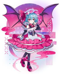 Rule 34 | 1girl, alternate costume, bat wings, black pantyhose, blue hair, bow, brooch, circle, commentary, dress, hat, hat bow, highres, jewelry, looking at viewer, pantyhose, pink eyes, pink footwear, red bow, remilia scarlet, shirocha tei, smile, solo, touhou, touhou gensou eclipse, wings