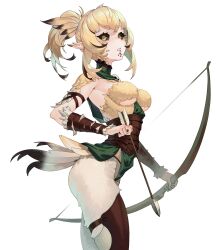 Rule 34 | 1girl, absurdres, arrow (projectile), bird girl, bird tail, black hair, black sclera, blonde hair, bow (weapon), breasts, colored sclera, commentary, facial tattoo, feathers, from side, gemi ningen, gradient hair, highres, holding, holding arrow, holding bow (weapon), holding weapon, looking at viewer, medium breasts, monster girl, multicolored hair, original, parted lips, pointy ears, ponytail, solo, symbol-only commentary, tail, tattoo, teeth, weapon, white background, yellow eyes, yellow feathers