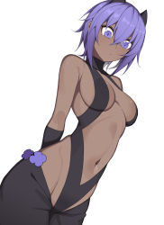 Rule 34 | 1girl, bare shoulders, breasts, cleavage, dark-skinned female, dark skin, dutch angle, fate/prototype, fate/prototype: fragments of blue and silver, fate (series), hairband, hanenosaki, hassan of serenity (fate), highres, navel, purple eyes, purple hair, revealing clothes, short hair, simple background, solo, white background
